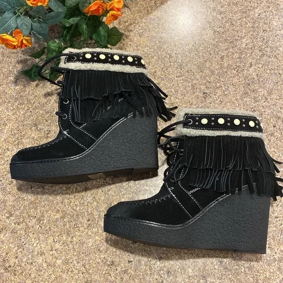 Sam Edelman Kemper Fringe Platform Wedge Boots 7.5 Suede Black Ivory