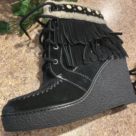 Sam Edelman Kemper Fringe Platform Wedge Boots 7.5 Suede Black Ivory