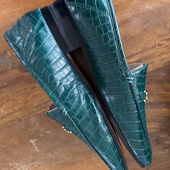 Sam Edelman Loraine Green Gold hardware Croc-Embossed Loafers Ladies 10 NWOB