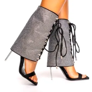 SANDALS boot hybrid , lace up rhinestone crystals, suede fabric.