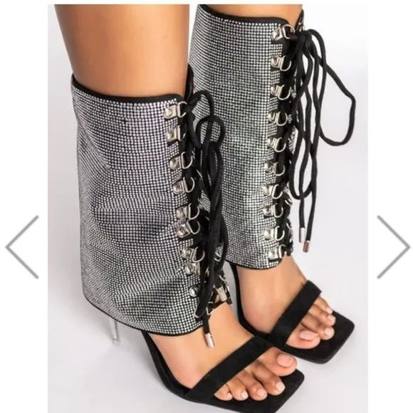 SANDALS boot hybrid , lace up rhinestone crystals, suede fabric.