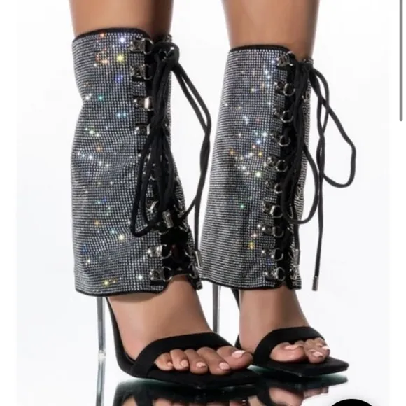 SANDALS boot hybrid , lace up rhinestone crystals, suede fabric.