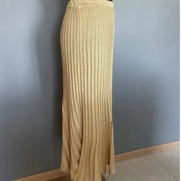 Sandro Paris Metallic Shimmer Gold Pointelle Knit Small FrontSlit PullOn Skirt S