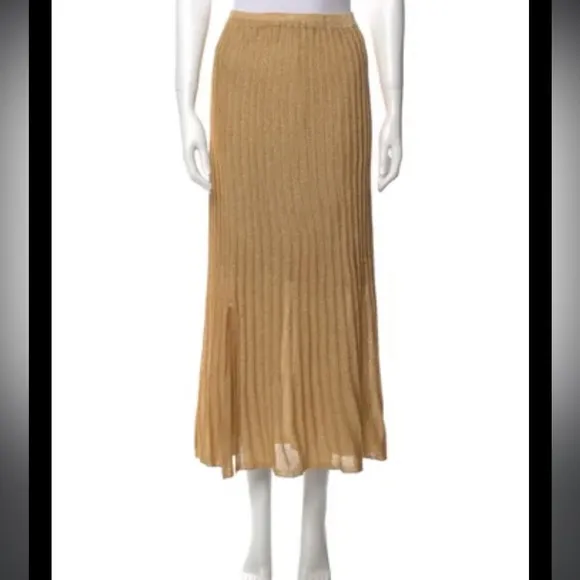 Sandro Paris Metallic Shimmer Gold Pointelle Knit Small FrontSlit PullOn Skirt S