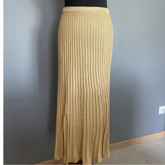 Sandro Paris Metallic Shimmer Gold Pointelle Knit Small FrontSlit PullOn Skirt S