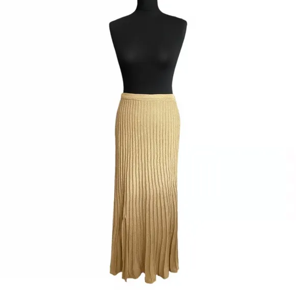 Sandro Paris Metallic Shimmer Gold Pointelle Knit Small FrontSlit PullOn Skirt S