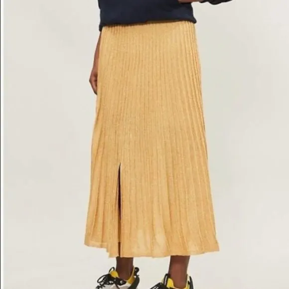 Sandro Paris Metallic Shimmer Gold Pointelle Knit Small FrontSlit PullOn Skirt S