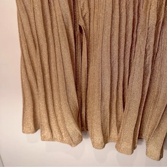 Sandro Paris Metallic Shimmer Gold Pointelle Knit Small FrontSlit PullOn Skirt S