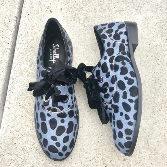 Shelly’s London pony hair Oxfords leopard print flats Black blue animal cow fur