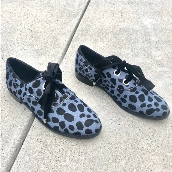 Shelly’s London pony hair Oxfords leopard print flats Black blue animal cow fur