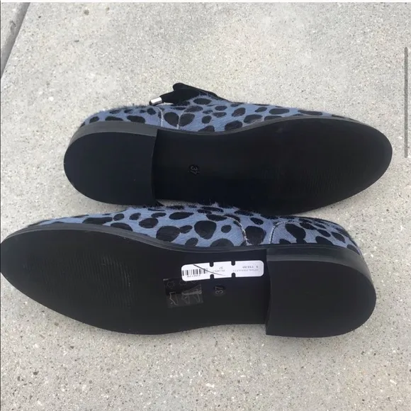 Shelly’s London pony hair Oxfords leopard print flats Black blue animal cow fur