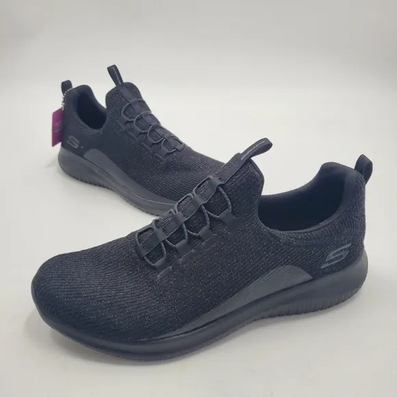 Skechers Ultra Flex Black Glitter Knit Trainers Sneakers Memory Foam NEW