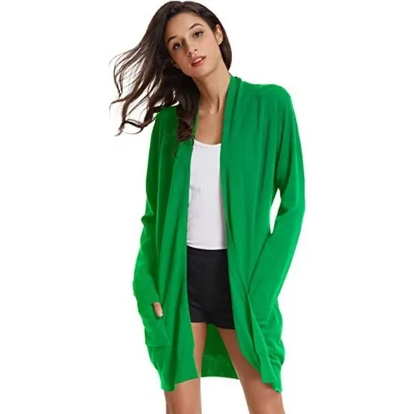 Solid Open Front Long Knited Cardigan Sweater for Women, Applegreen