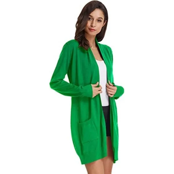 Solid Open Front Long Knited Cardigan Sweater for Women, Applegreen