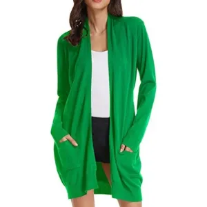 Solid Open Front Long Knited Cardigan Sweater for Women, Applegreen