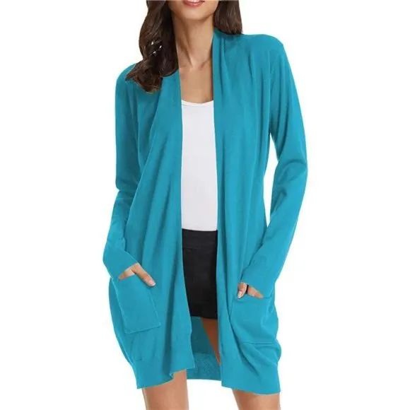 SOLID Open Front Long Knited Cardigan Sweater for Women, Bondi Blue