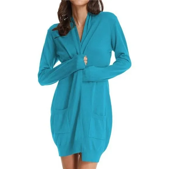 SOLID Open Front Long Knited Cardigan Sweater for Women, Bondi Blue