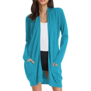 SOLID Open Front Long Knited Cardigan Sweater for Women, Bondi Blue