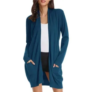 SOLID Open Front Long Knited Cardigan Sweater for Women, Cerulean