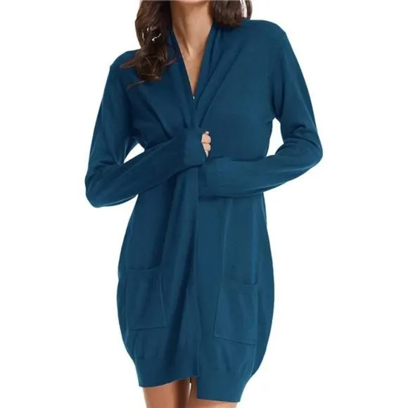 SOLID Open Front Long Knited Cardigan Sweater for Women, Cerulean