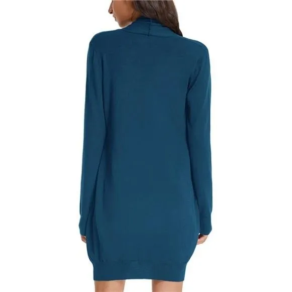 SOLID Open Front Long Knited Cardigan Sweater for Women, Cerulean