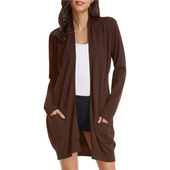 SOLID Open Front Long Knited Cardigan Sweater for Women, Coffee
