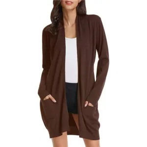 SOLID Open Front Long Knited Cardigan Sweater for Women, Coffee