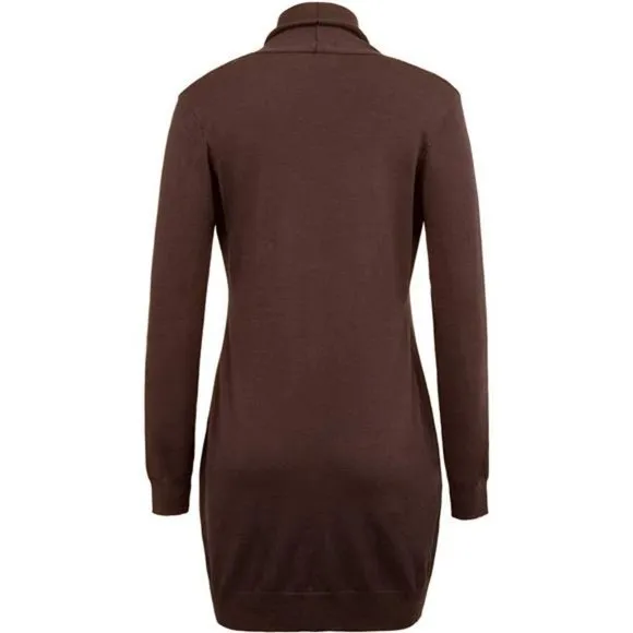 SOLID Open Front Long Knited Cardigan Sweater for Women, Coffee