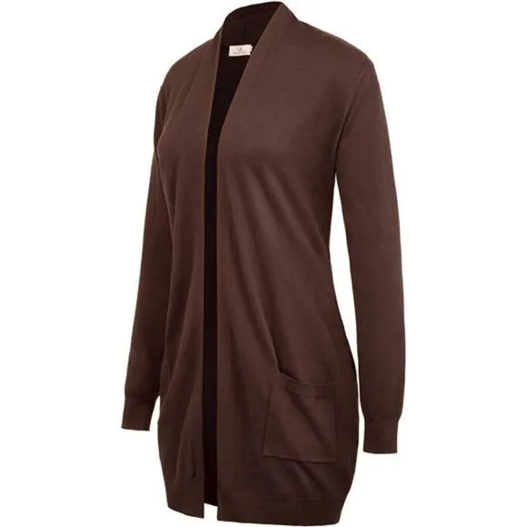 SOLID Open Front Long Knited Cardigan Sweater for Women, Coffee