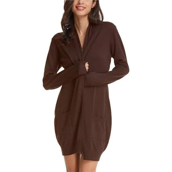 SOLID Open Front Long Knited Cardigan Sweater for Women, Coffee