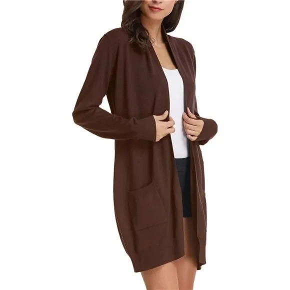 SOLID Open Front Long Knited Cardigan Sweater for Women, Coffee