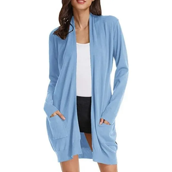 Solid Open Front Long Knited Cardigan Sweater for Women, Light Blue