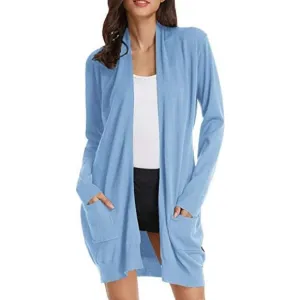 Solid Open Front Long Knited Cardigan Sweater for Women, Light Blue