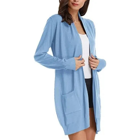 Solid Open Front Long Knited Cardigan Sweater for Women, Light Blue