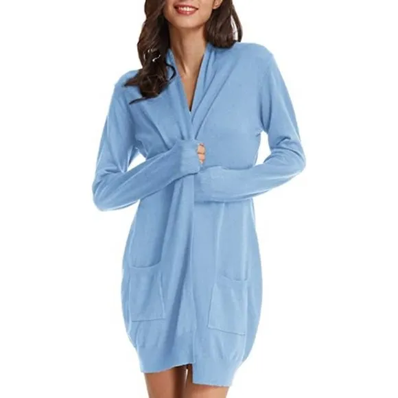Solid Open Front Long Knited Cardigan Sweater for Women, Light Blue