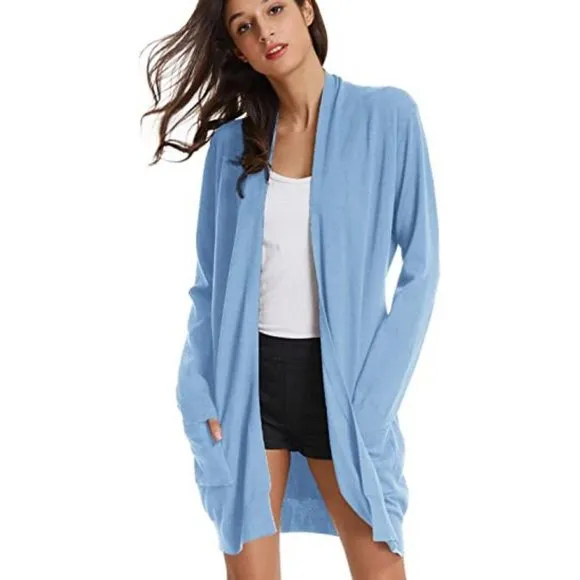 Solid Open Front Long Knited Cardigan Sweater for Women, Light Blue