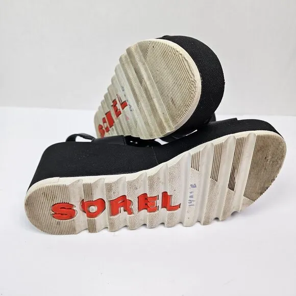 Sorel Cameron Black Leather Wedge Sandal 6 NL4018-010