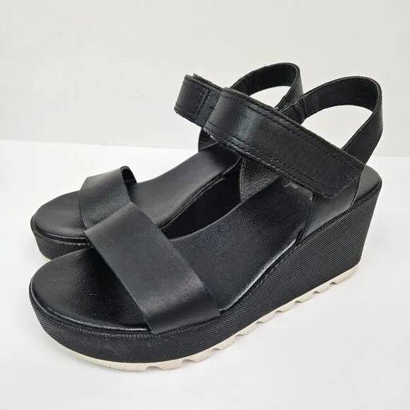 Sorel Cameron Black Leather Wedge Sandal 6 NL4018-010