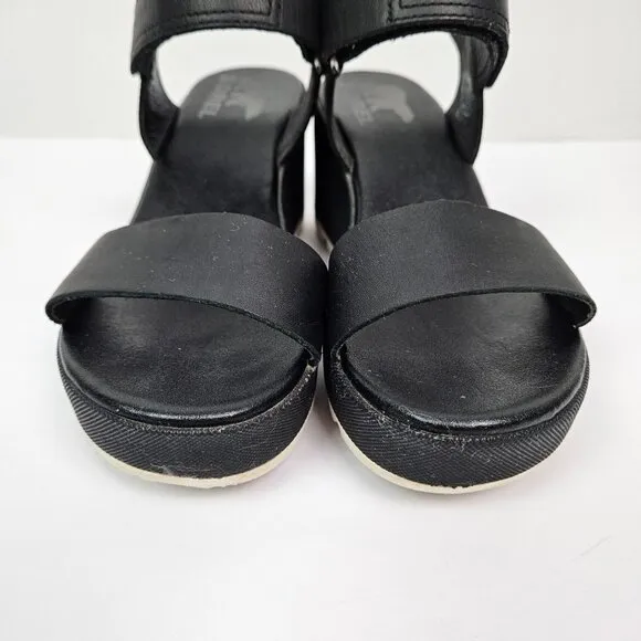 Sorel Cameron Black Leather Wedge Sandal 6 NL4018-010
