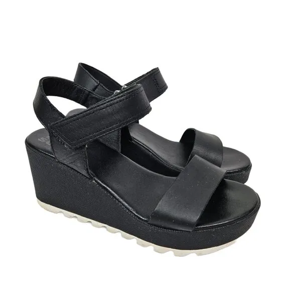 Sorel Cameron Black Leather Wedge Sandal 6 NL4018-010