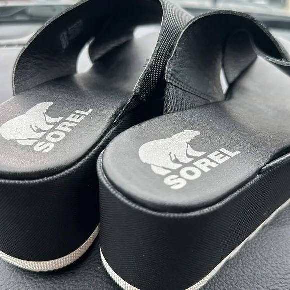 Sorel Cameron Flatform Sandals In  Black Sea Salt Sz 8; Preloved EUC