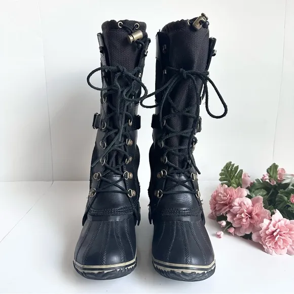 SOREL Conquest Carly Black Suede Leather Lace Up Waterproof Tall Winter Boots