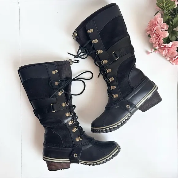 SOREL Conquest Carly Black Suede Leather Lace Up Waterproof Tall Winter Boots