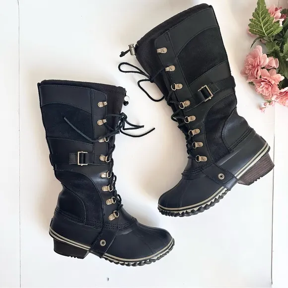 SOREL Conquest Carly Black Suede Leather Lace Up Waterproof Tall Winter Boots