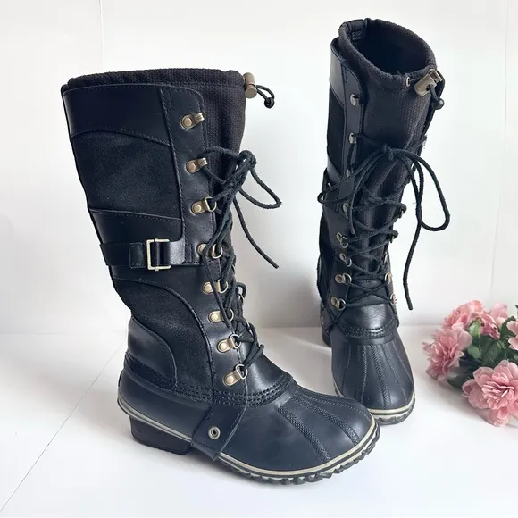 SOREL Conquest Carly Black Suede Leather Lace Up Waterproof Tall Winter Boots