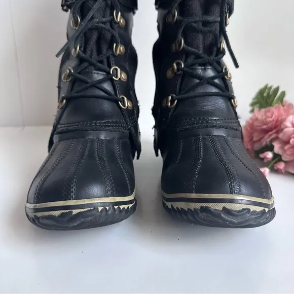SOREL Conquest Carly Black Suede Leather Lace Up Waterproof Tall Winter Boots