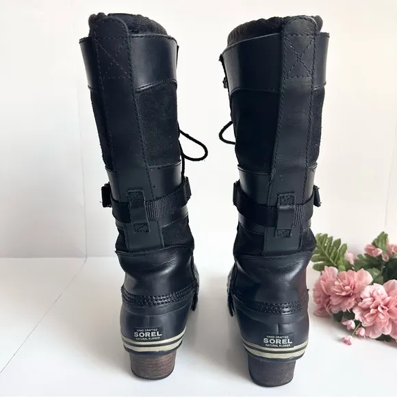SOREL Conquest Carly Black Suede Leather Lace Up Waterproof Tall Winter Boots