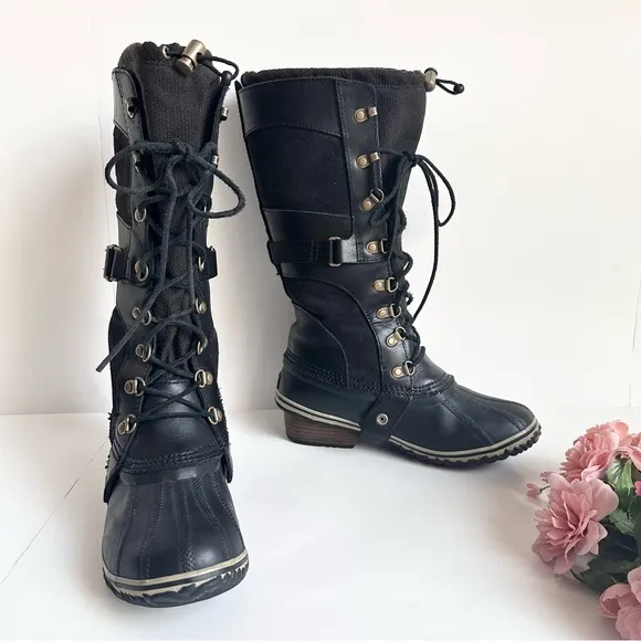 SOREL Conquest Carly Black Suede Leather Lace Up Waterproof Tall Winter Boots