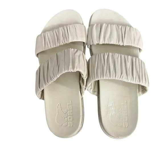 Sorel Cream Roaming Two Strap Slide Ruched Leather Slide Sandals Size 8.5