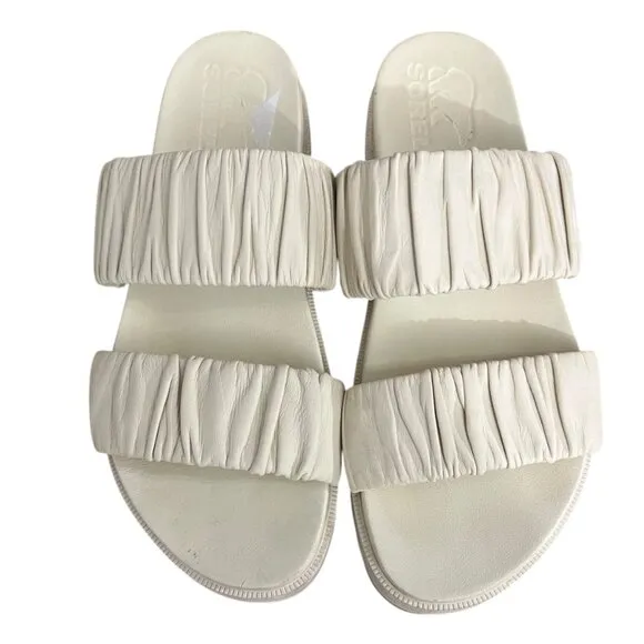 Sorel Cream Roaming Two Strap Slide Ruched Leather Slide Sandals Size 8.5